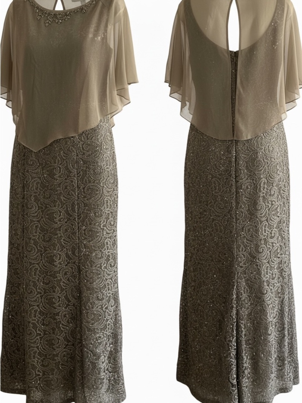 Beaded Lace Overlay Formal Dress in Taupe - Mother of Bride/Groom Vibes